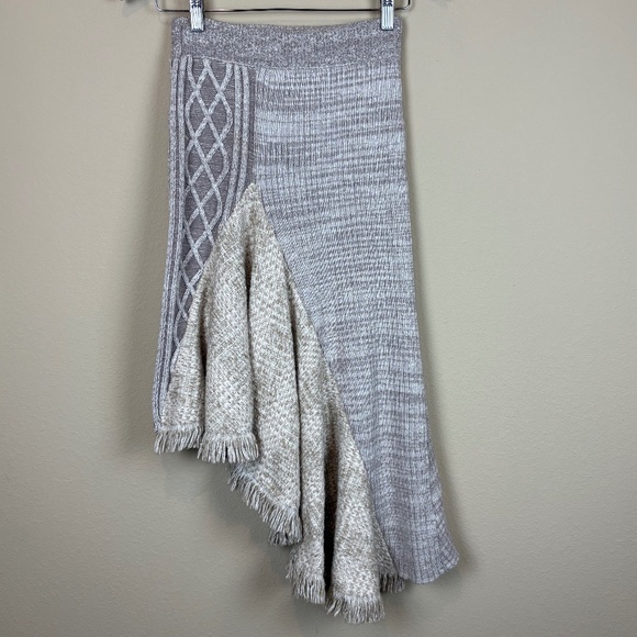 Sleeping on Snow Dresses & Skirts - Sleeping On Snow Taupe/Beige/Cream Asymmetrical Knit Fringe Pull On Skirt